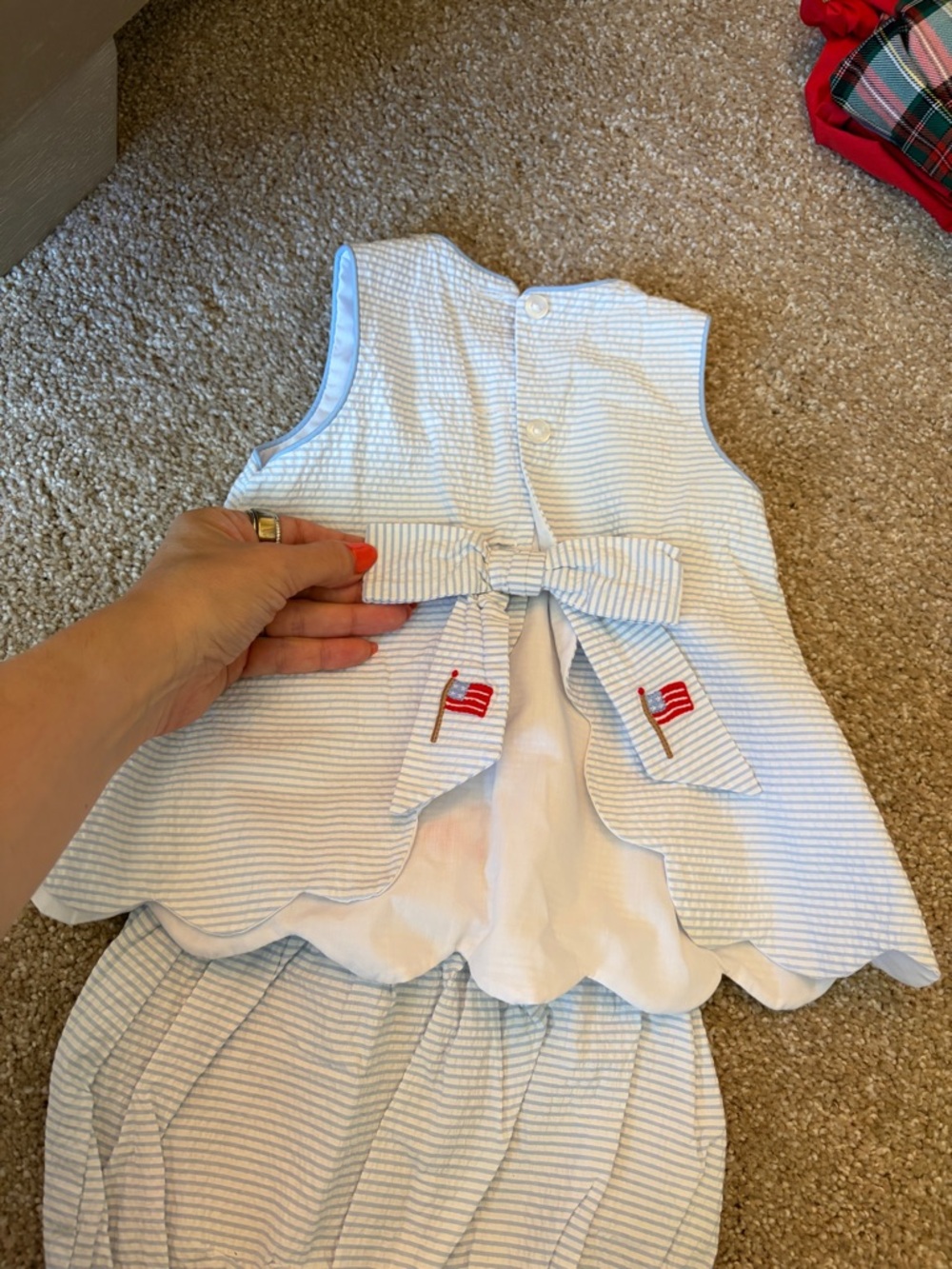 Striped White Seersucker Two-Piece Set with Red Flag Embroidery - Picture 2 of 3